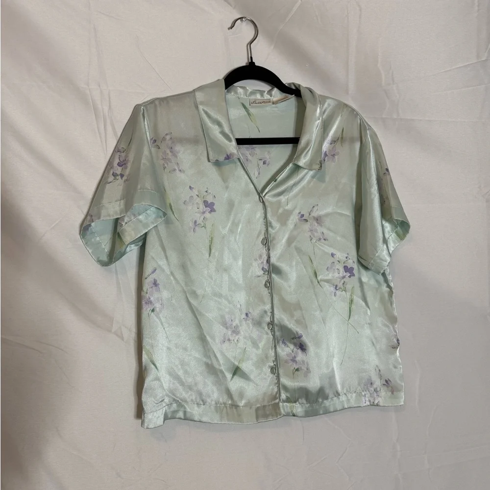 Secret Treasures mint button down Satin Floral Pj Top - Picture 1 of 6